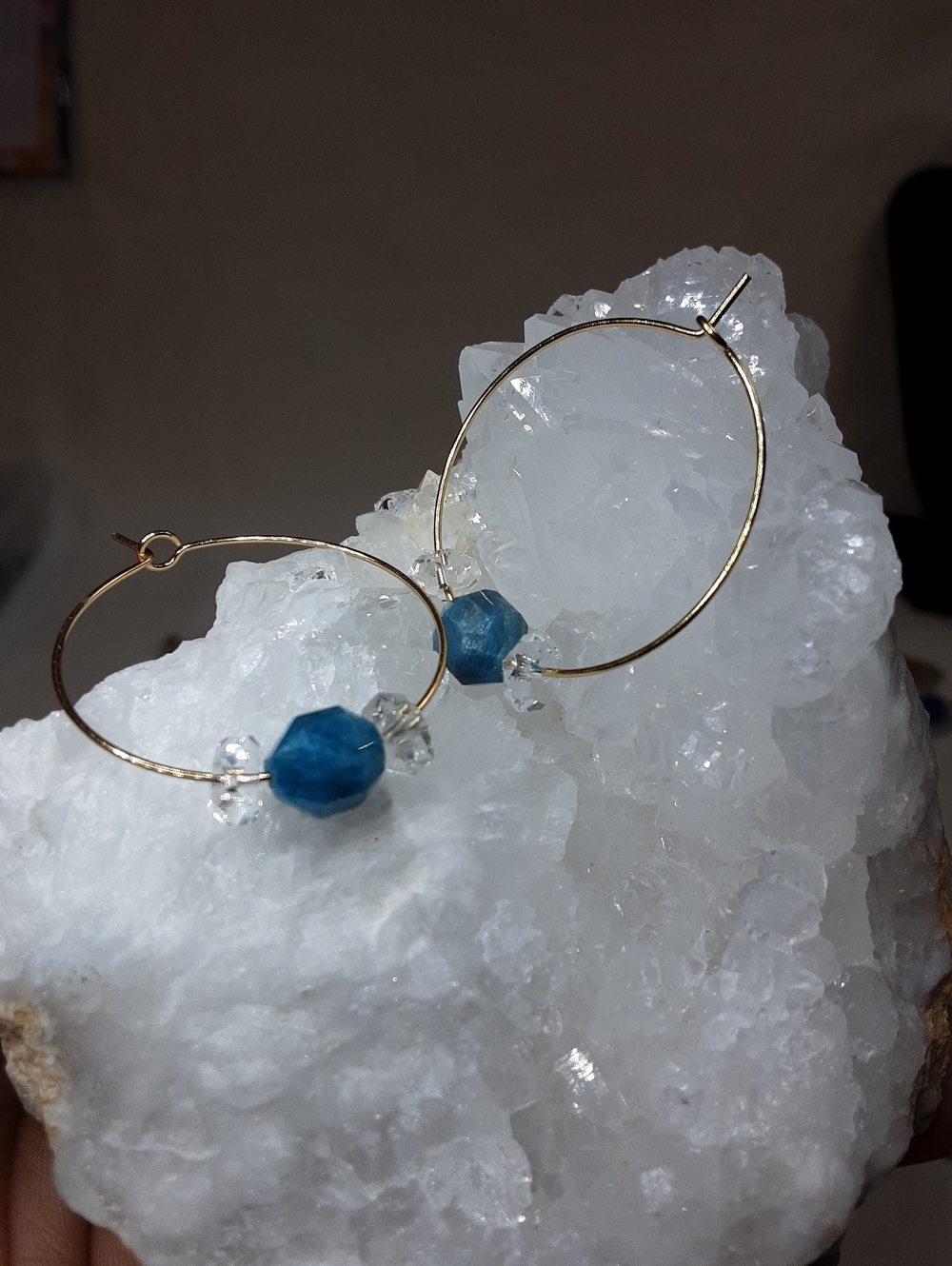 G. Stainless Steel, Teal Alatite, Herkimer Diamond Quartz Hoop Earrings.